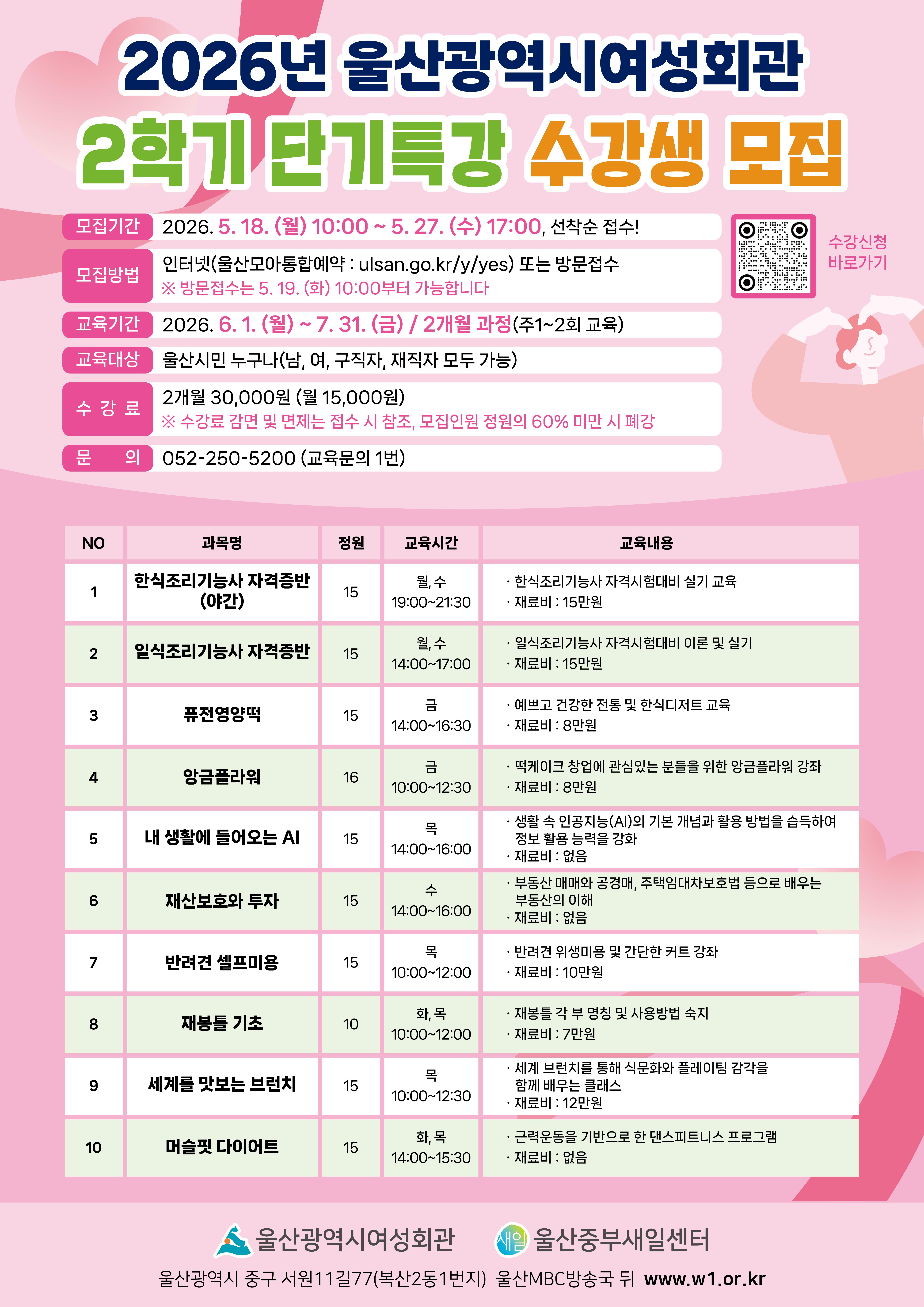 2026년 울산광역시 여성회관 2학기 단기특강 수강생 모집