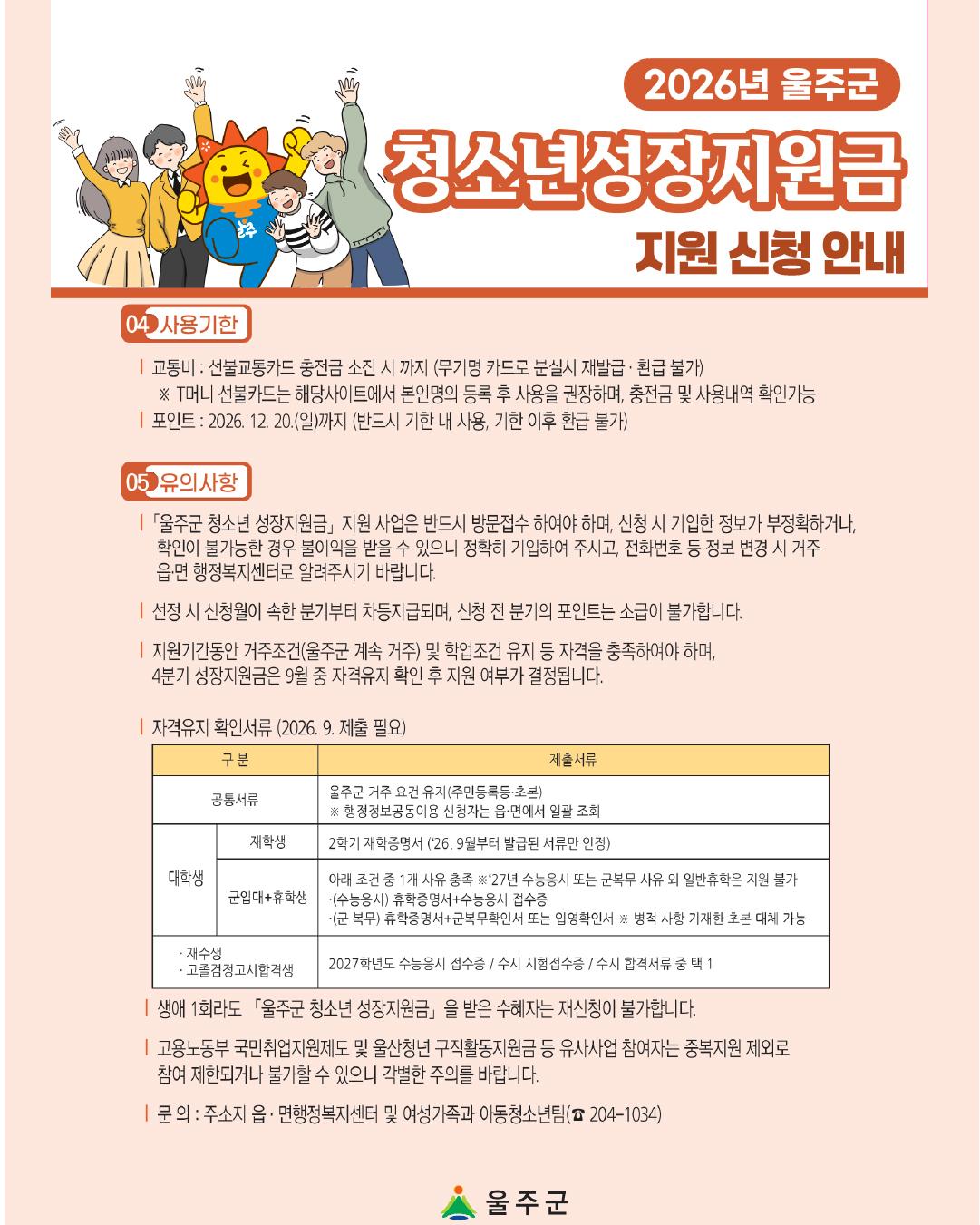 2026년 울주군 청소년성장지원금 지원 신청 안내