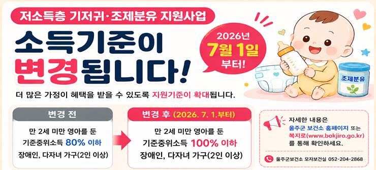 저소득층 기저귀 조제분유 지원사업 소득기준 변경 안내