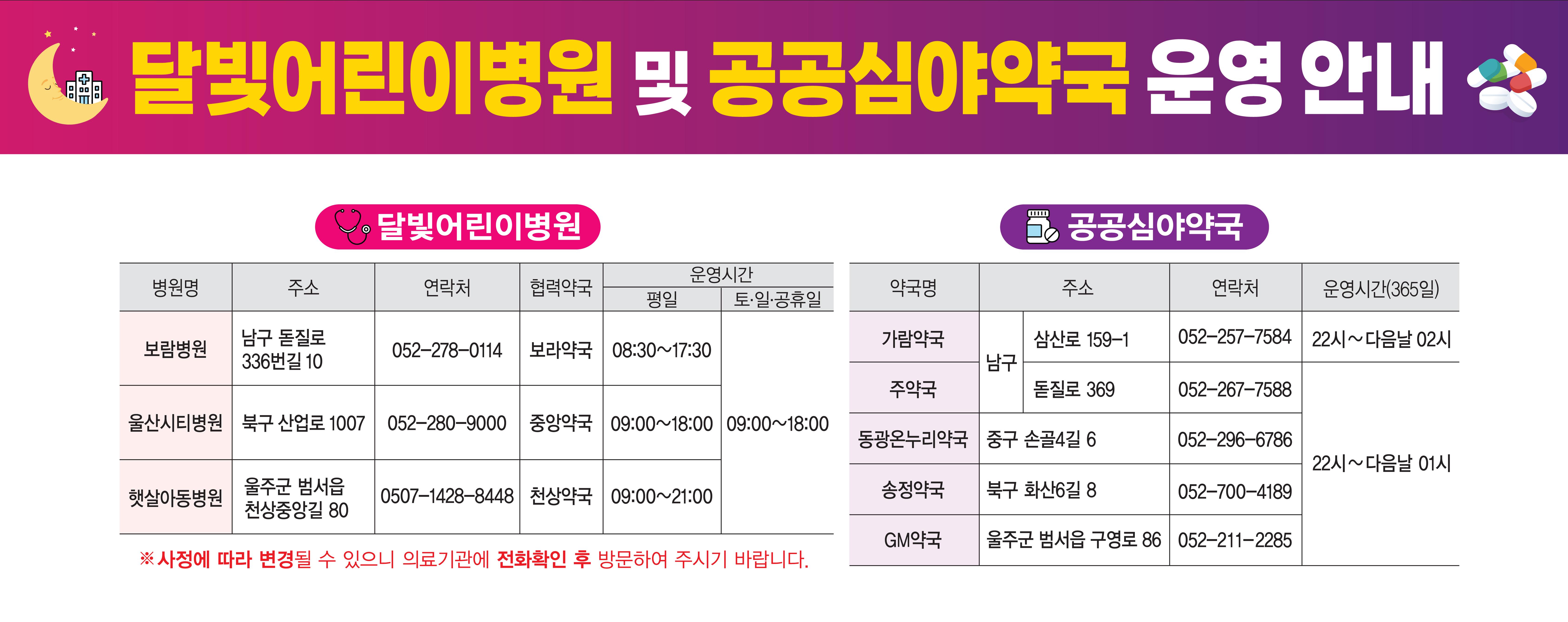 달빛어린이병원 및 공공심야약국 운영 안내