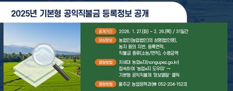 2025년 기본형 공익직불금 등록정보 공개 ∘ 공개기간 : 2026. 1. 27.(화) ~ 2. 26.(목) / 31일간 ∘ 대상정보 : 농업인(농업법인)의 성명(법인명), 농지 등의 지번, 등록면적,  직불금 종류(소농/면적), 수령금액 ∘ 열람방법 : 차세대 농업e지(nongupez.go.kr) 접속하여 '농업e지 도우미'  &rarr; 기본형 공익직불제 '정보열람' 클릭 ∘ 문      의 : 울주군 농업정책과(☎ 052-204-1523) 