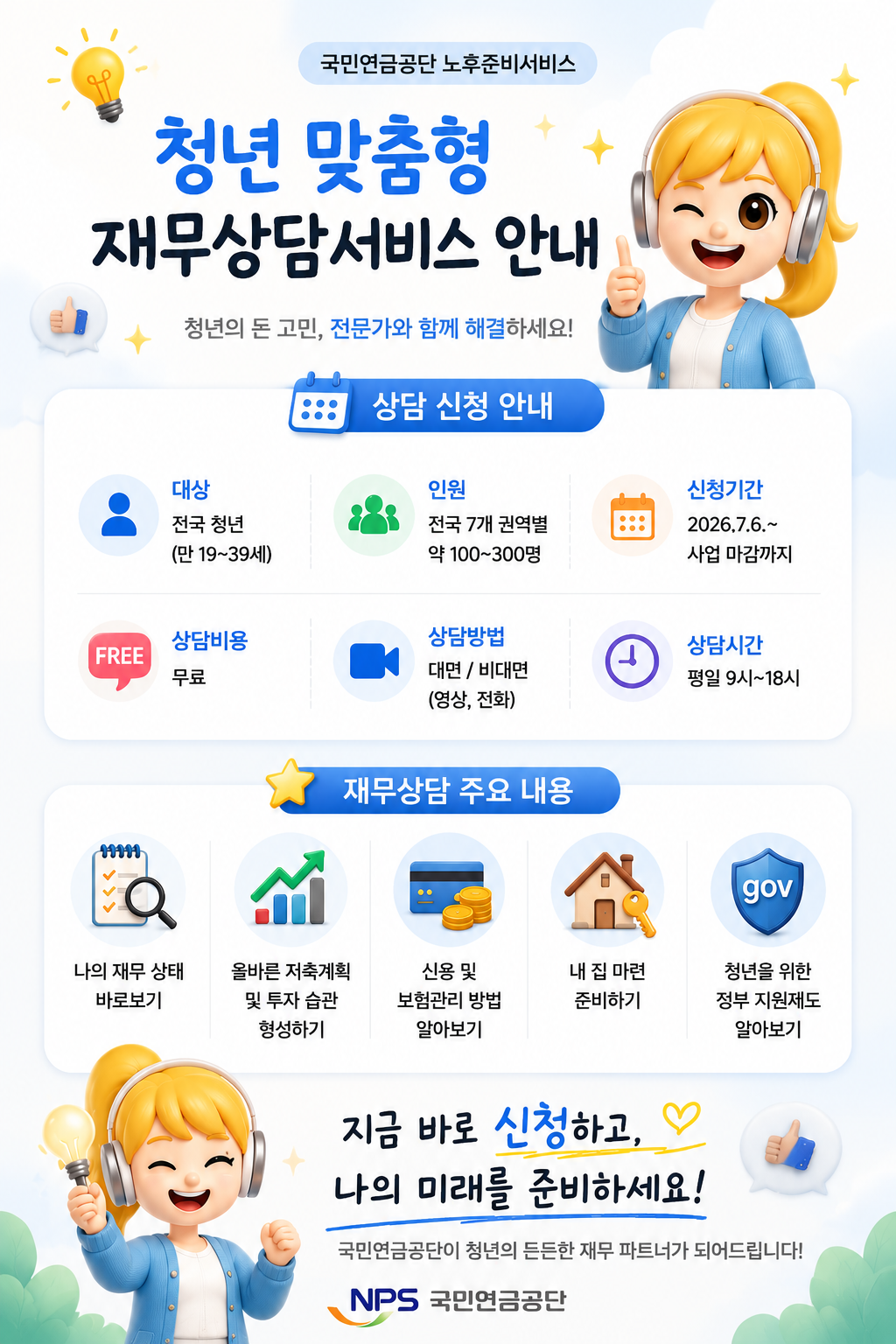 국민연금공단에서 주관하는 「청년 맞춤형 재무상담서비스」 안내드립니다.  청년이 건전한 재무 습관을 형성하고 경제적으로 자립할 수 있도록 돕는 국민연금공단의 재무 상담서비스입니다. 청년의 돈 고민을 전문가와 함께 해결할 수 있도록 많은 관심과 참여 부탁드리겠습니다