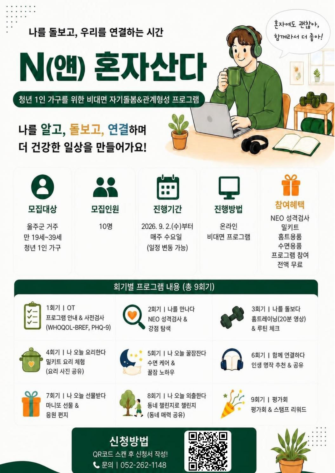 울주군정신건강복지센터에서는 청년 1인 가구의 자기돌봄 및 관계형성을 위한 비대면 프로그램「N(얜)혼자산다」를 운영하고자 참가자를 모집하고 있습니다. 온라인으로 진행되는 프로그램으로, 장소 이동 없이 참여할 수 있어 비교적 부담 없이 참여하실 수 있으니 많은 참여 부탁드립니다.