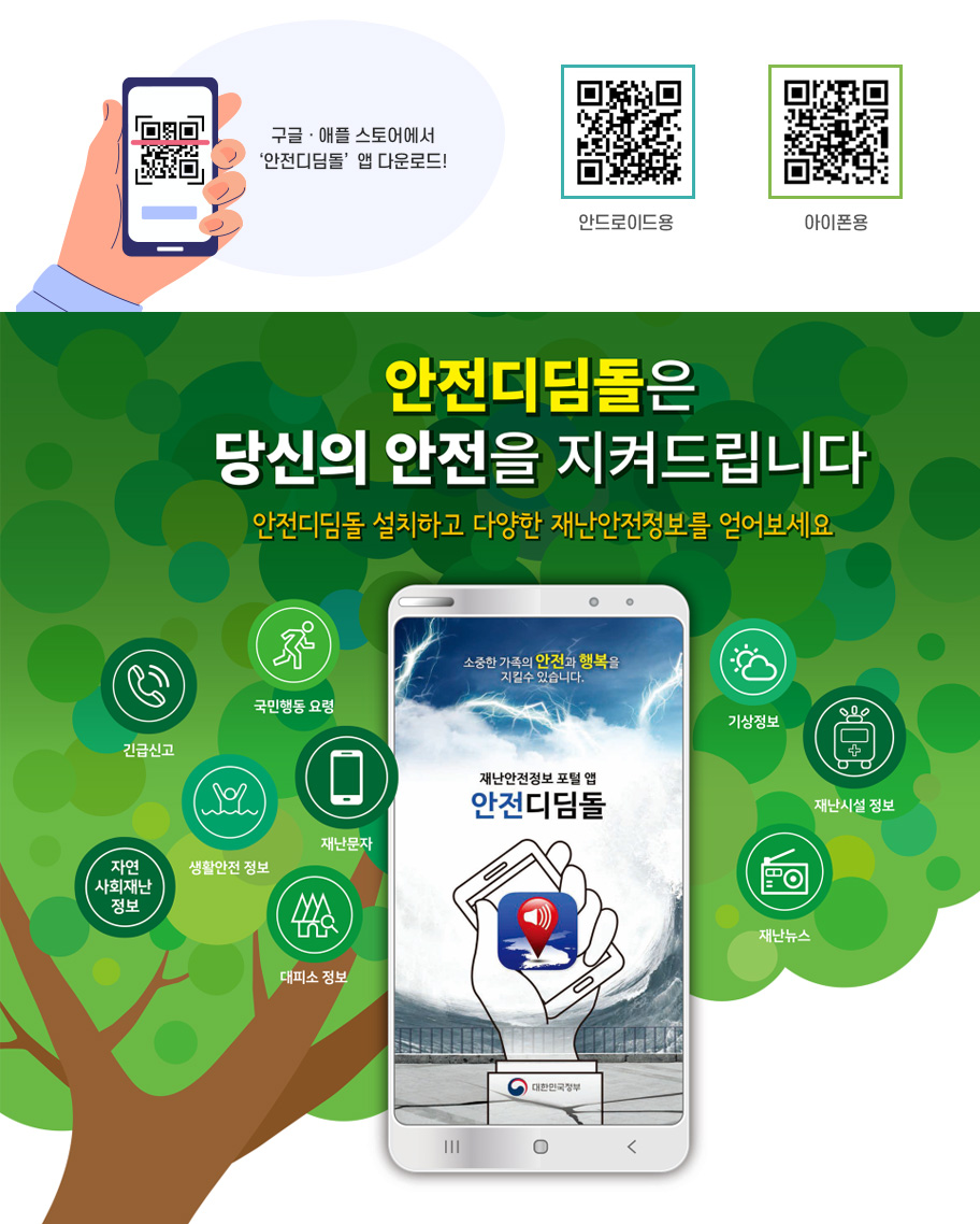 구글ㆍ애플 스토어에서 '안전디딤돌' 앱 다운로드! 안드로이드용 큐알(https://play.google.com/store/apps/details?id=kr.go.nema.disasteralert_new), 아이폰용 큐알(https://apps.apple.com/kr/app/%EC%95%88%EC%A0%84%EB%94%94%EB%94%A4%EB%8F%8C/id475638064). 안전디딤돌은 당신의 안전을 지켜드립니다 안전디딤돌 설치하고 다양한 재난안전정보를 얻어보세요. 긴급신고,국민행동요령,자연사회재난정보,생활안전정보,재난문자,대피소정보,기상정보,재난시설정보,재난뉴스